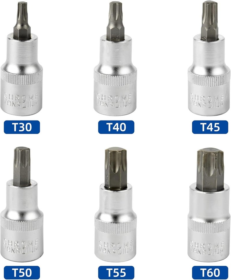 DAZCOS Torx Bit Socket Set, 1/2" Drive, 6 Pieces Star Bit Socket Set, T30 - T60, S2 Alloy Steel Bit and CR-V Drive Socket - Image 3